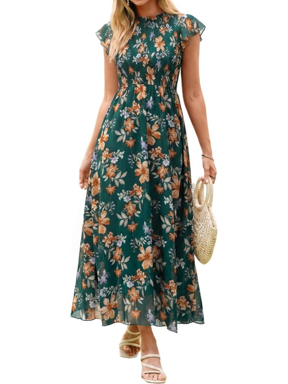 Women's Green Orange Floral Ruffle Sleeve Chiffon Flowy Smocked Waist Maxi Dress